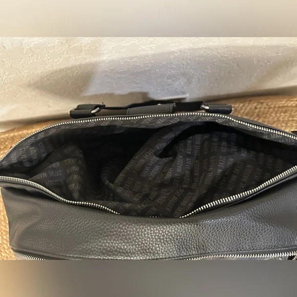 Steve Madden Black Pebbled Faux Leather Weekender Bag with Crossbody Strap - Picture 7 of 8